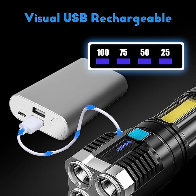 4 in 1 LED Torch Lights Rechargeable Emergency Torch Light 3W USB Charge Flashlight - High Power Long Distance Beam Range 4 Modes Torch for Outdoor, Indoor, Hiking, Walking